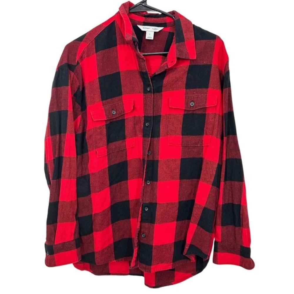 Old Navy Flannel The Boyfriend Shirt Red Black Buffalo Check Plaid Oversized